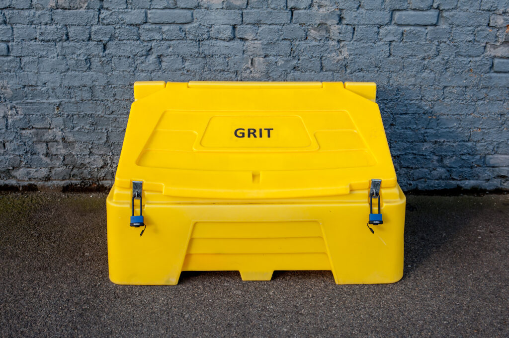 Yellow,Plastic,Box,With,Grit,Salt,Ready,For,Winter Grit bin Anglesey